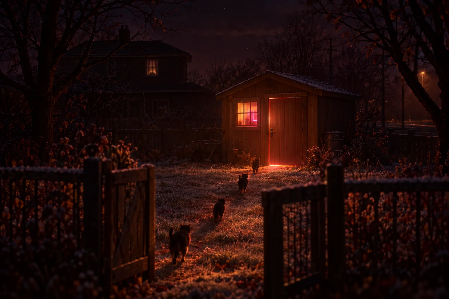 The Litter Box: a backyard shed lit from inside at 3 a.m., cats slipping in through the gate